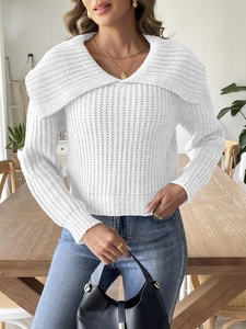Women's white chunky knit sweater featuring a stylish oversized collar and loose fit