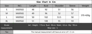 Detailed size chart for women's crochet knit sweater showing S to XL measurements in cm