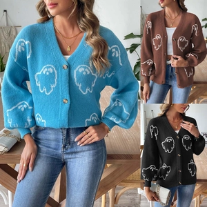 Detail of Women's Halloween V-neck cardigan featuring ghost patterns in three colors
