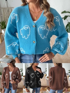 Women Halloween Ghost Jacquard Cardigan Sweater V Neck Button Down Long Sleeve Loose Casual Knitwear Holiday Outerwear