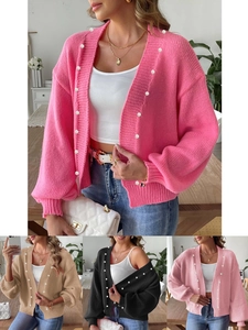Women Casual Artificial Pearl Beaded Knit Cardigan Loose V Neck Long Sleeve Chunky Knit Sweater Jacket For Autumn Winter Daily Wear