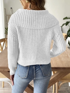 Back view of women's white cable knit sweater with a large sailor collar and pearl details