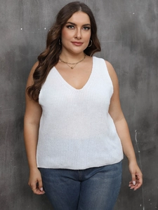 Gilet en Maille Grandes Tailles Femmes Col en V Dos Croisé Torsadé Sans Manches Pull-over Couleur Unie Haut Décontracté