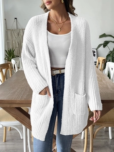 Cozy white knit cardigan for women with open front and dual pockets in a relaxed fit