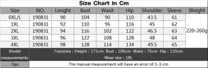 Size chart showing 0XL to 4XL measurements for colorful spray print long sleeve dress