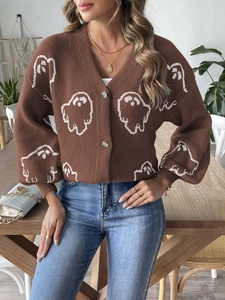 Women's Halloween knit cardigan with white ghost jacquard and button front in brown