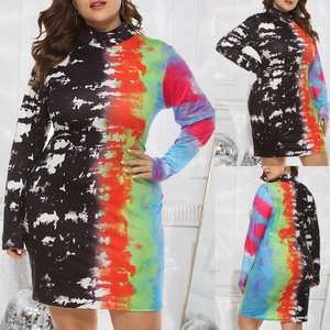 Detailed views of women's plus size mock neck bodycon dress with vibrant tie-dye print