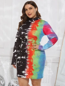 Women Plus Size Mock Neck Long Sleeve Bodycon Dress Multicolor Tie Dye Print Slim Fit Party Midi Dress