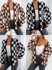 Cardigan da Donna in Maglia a Scacchi Casual Scollo a V Aperto Sul Davanti Manica Lunga Color Block Maglione Cappotto Moda