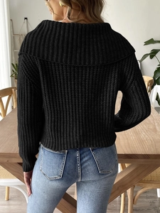 Close-up of black rib-knit long sleeve sweater showing back texture and slim-fit cut