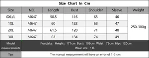 Detailed size chart for women plus size striped sweater with measurements from 0XL to 3XL