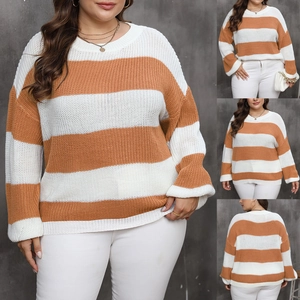 Detailed views of women's plus size orange and white striped knit sweater showing multiple angles
