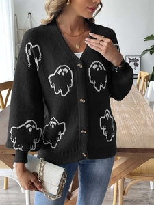 Women's Halloween knit cardigan with white ghost patterns and amber buttons in black