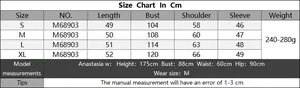 Detailed size chart for women knitted cardigan showing S to XL dimensions and weight info