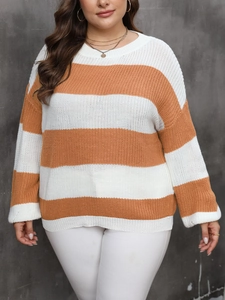 Women's plus size knit sweater featuring bright orange and white horizontal stripes