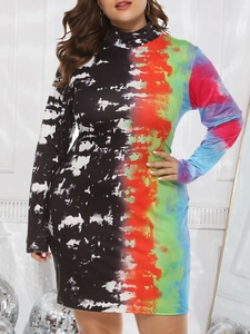 Slim-fit mock neck long sleeve tie-dye dress for women with vibrant multi-color patterns