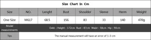 Detailed size chart for women loose turtleneck sweater showing bust and length dimensions