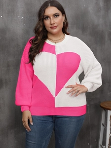 Plus size long sleeve crewneck knit sweater with heart patchwork and contrast color design