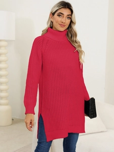 Women's chic red oversized turtleneck knit sweater dress with side slits for winter