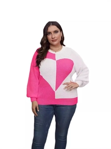 Women's plus size knit sweater with heart patchwork design in pink and white color block