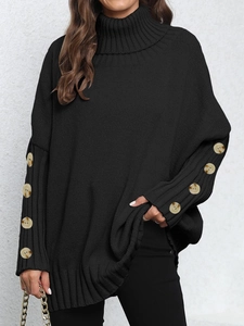 Women's black turtleneck sweater with decorative side buttons and a loose knitted fit