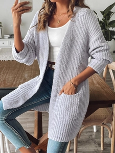 Women's light purple long knit cardigan with double side pockets in warm fuzzy texture