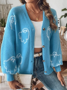 Women's bright blue Halloween knit cardigan with white ghost patterns and V-neck buttons