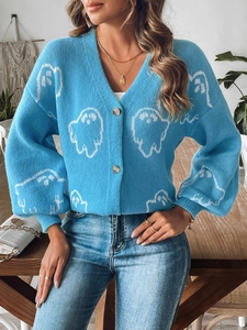 Women's Halloween sky blue oversized V-neck cardigan with cute white ghost patterns