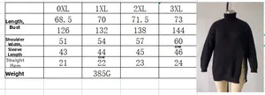 Size chart for women's plus size high collar side split sweater from 0XL to 3XL
