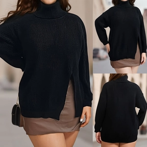Detail of high neck black oversized knit sweater with stylish side slits for women