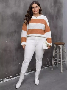 Women Plus Size Striped Knit Sweater Casual Round Neck Long Sleeve Pullover Orange White Stripe Chunky Knit Jumper Top