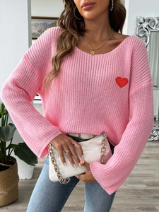 Pink knit sweater with red heart embroidery, boat neck and flare sleeves, loose fit style