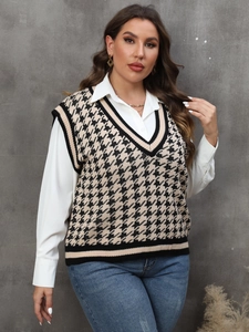 Damen Übergrößen Strickweste Hahnentritt V-Ausschnitt Kontrastbesatz Ärmelloser Pullover Top Casual Fashion Streetwear Outwear