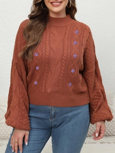 Detail of rust red cable knit sweater featuring floral embroidery and lantern sleeves