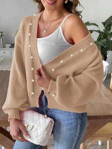 Women's khaki knit cardigan with decorative pearls and drop shoulder lantern sleeves