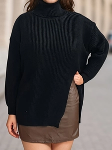 Women black turtleneck side split knit sweater with ribbed texture and loose fit design