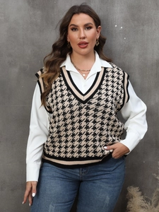 Damen Strickweste mit V-Ausschnitt und Hahnentrittmuster in Schwarz-Beige für das Büro
