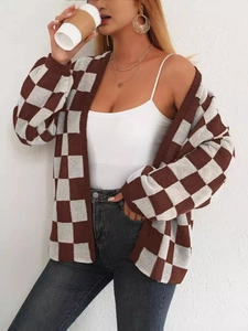 Cardigan in maglia a scacchi marroni e bianchi da donna maglione casual morbido