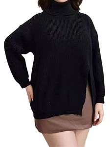 Women's black turtleneck knit sweater with vertical ribbing and side slit hem detail