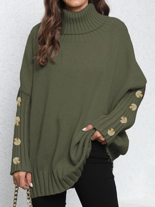Green oversized turtleneck sweater for women with decorative buttons on sleeves