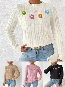 Women Cable Knit Sweater With Floral Crochet Round Neck Long Sleeve Pullover Casual Streetwear Knitwear Tops