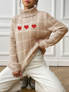 Women's beige high-neck grid sweater with red heart embroidery and ribbed cuffs