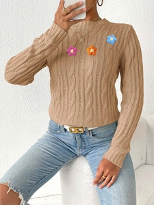Khaki long sleeve cable knit sweater with handmade crochet floral accents and round neck