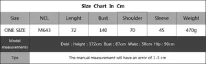 Detailed size chart for oversized chunky knit cardigan showing measurements in centimeters
