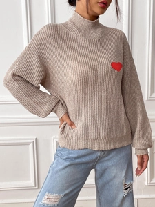Women Heart Embroidery Patch Mock Neck Sweater Long Sleeve Loose Knit Pullover Casual Melange Fleece Winter Warm Jumper Top