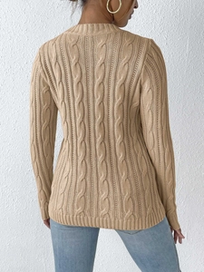 Women's khaki cable knit sweater with crew neck, minimalist pullover top for autumn and winter