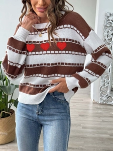 Striped color block knit sweater with red heart embroidery on the chest for women