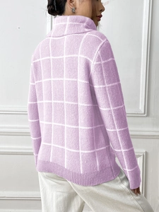 Detailed back view of purple high-neck sweater featuring a white plaid heart pattern