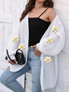 Women's white chunky knit cardigan with yellow and white 3D floral daisy embroidery