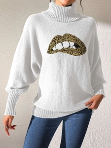 Detail of white turtleneck sweater with leopard print lips and puff sleeves design